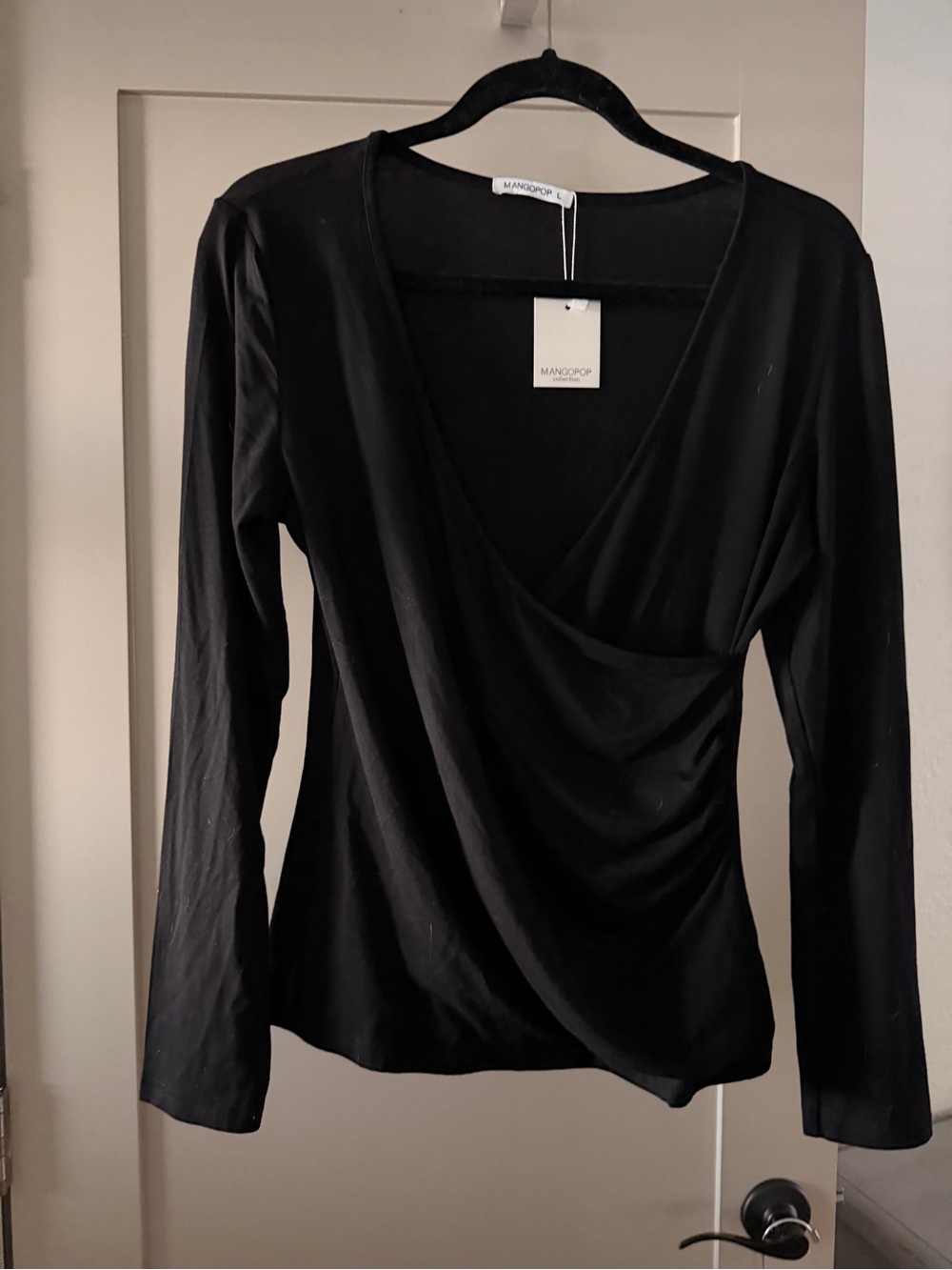 Mango Black Draped Wrap-Front Long Sleeve Top
